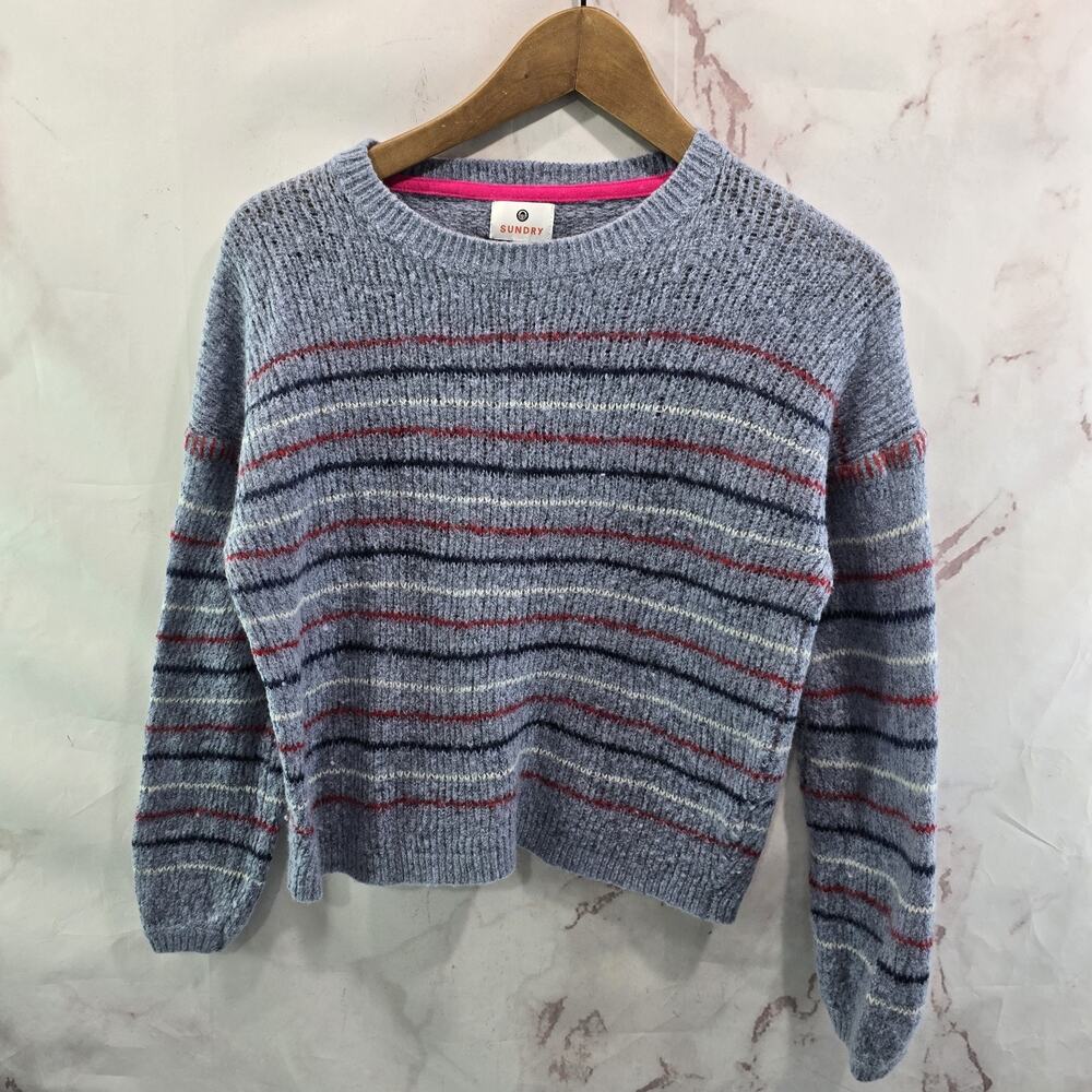 Sundry Sweater Womens Medium 2 Blue Striped Wool Cashmere Balloon Crop Crew